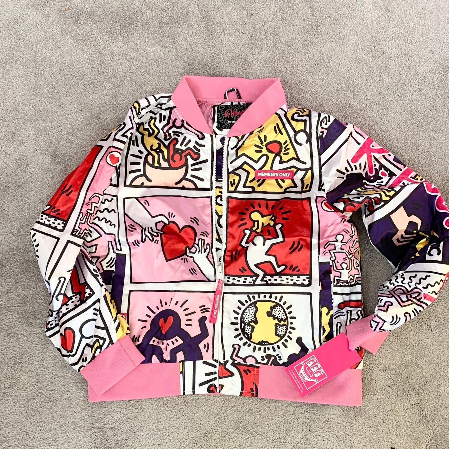 Member's Only Keith Haring Jacket Pink Tokyo Pop Satin Bomber Jacket Large