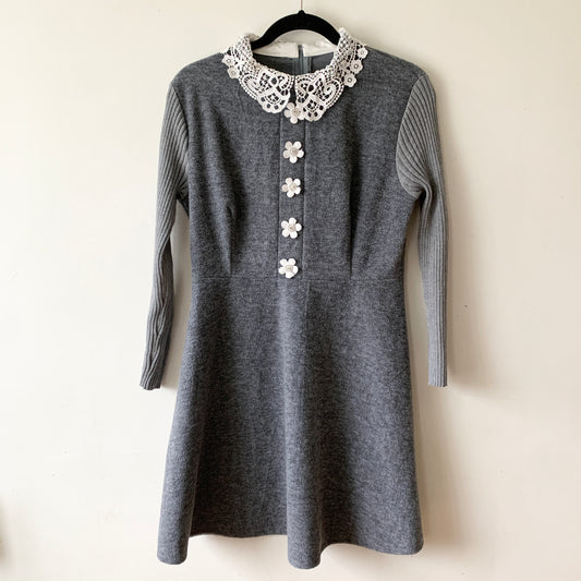 Sunshine Lace Collar Flower Gray Sweater Mini Dress