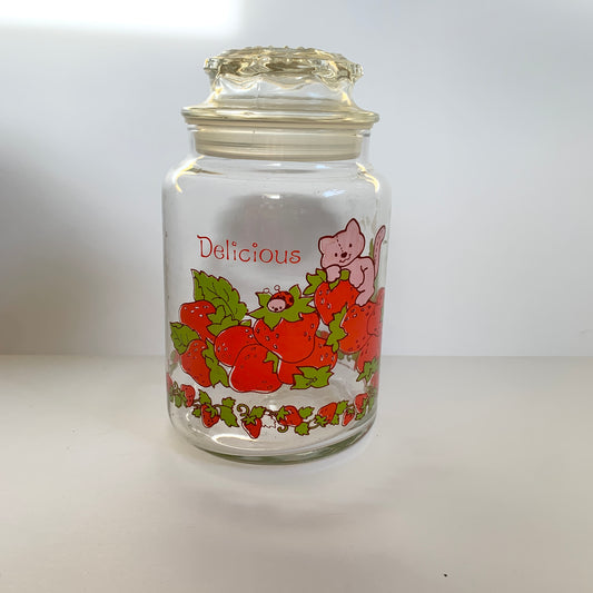 Vintage 1980s Strawberry Shortcake 7" Glass Canister Jar with Lid Custard Kitty