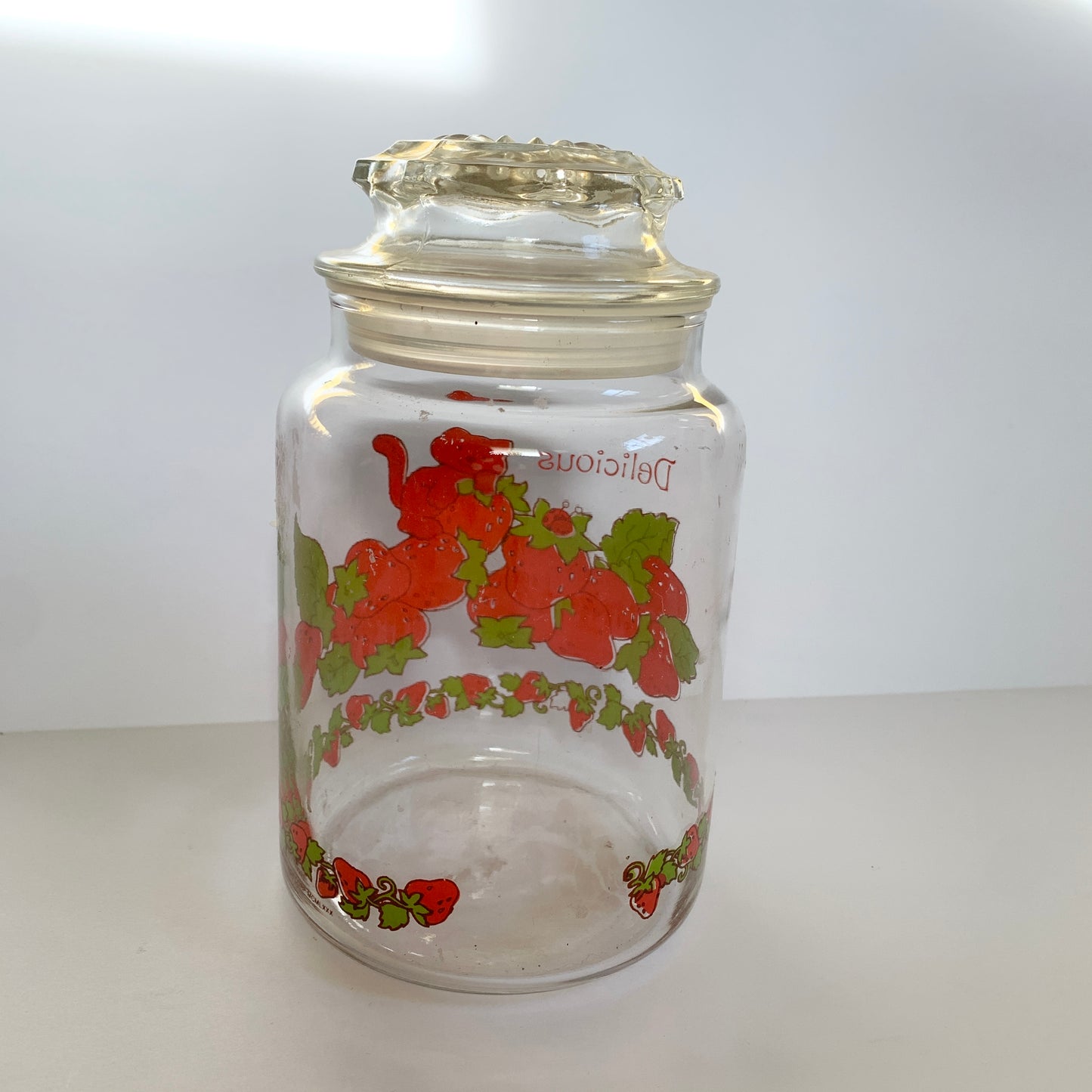 Vintage 1980s Strawberry Shortcake 7" Glass Canister Jar with Lid Custard Kitty