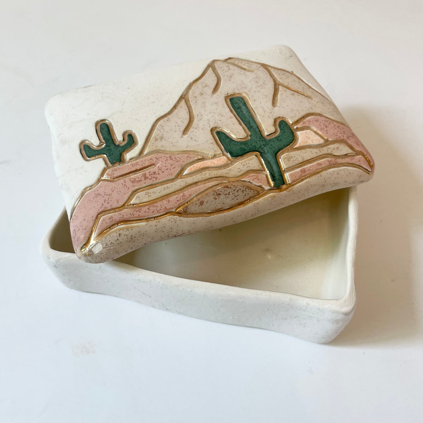 Southwest Textured Desert Cactus Pottery Gold Accent Trinket Box
