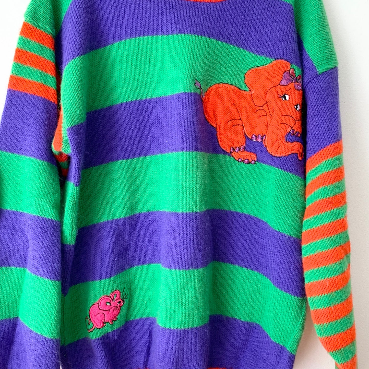 Knitwaves Vintage Purple Green Red Elephant Kids Knit Quirky Sweater 7-8