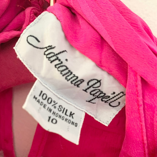 Adrianna Papell 80s Vintage Hot Pink Silk Mock Neck Long Sleeve Blouse Shirt  10