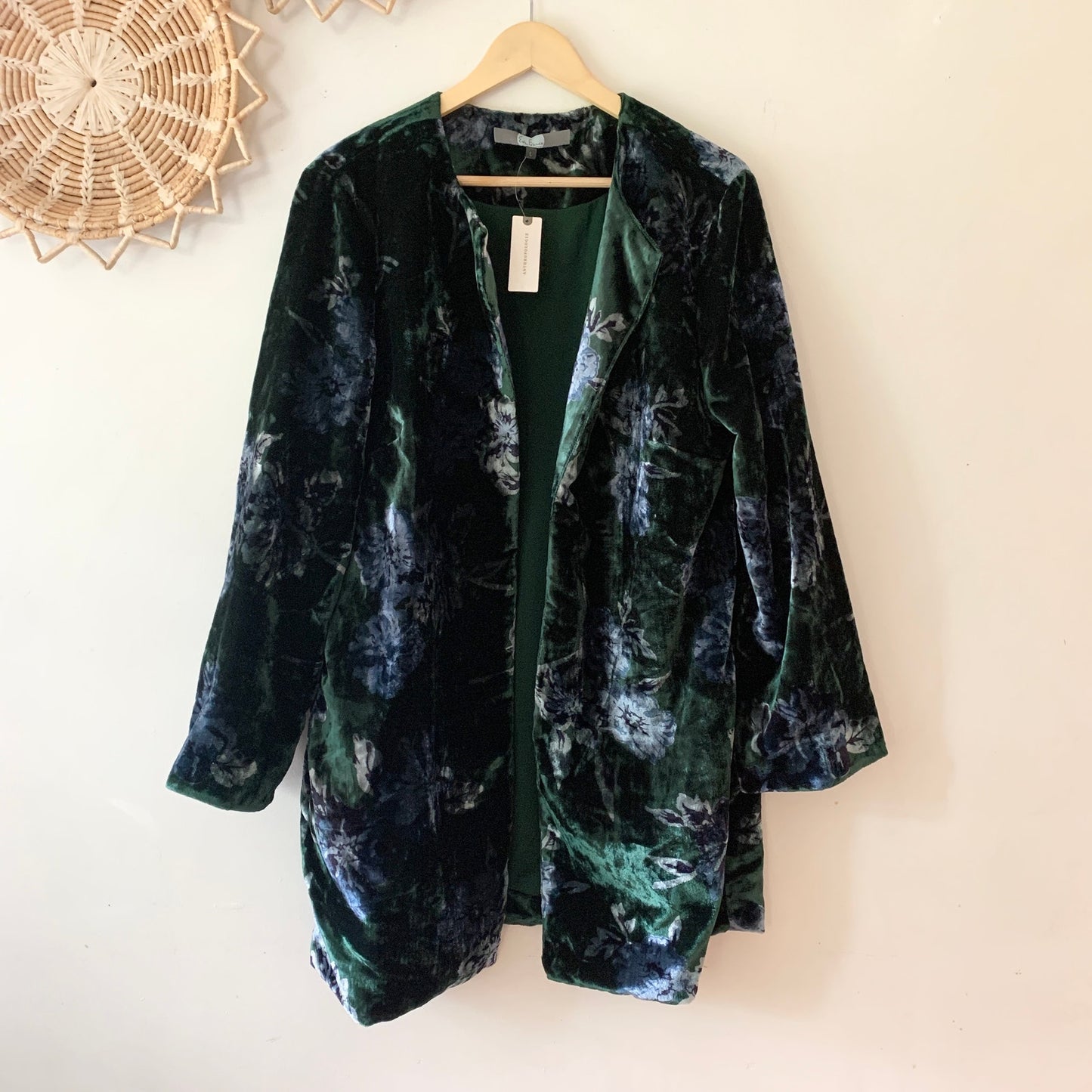 Eva Franco Anthropologie Floral Velvet Green Car Coat Jacket New Size Large