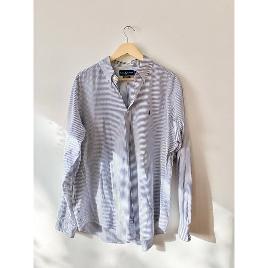 RALPH LAUREN Men's White Blue Stripe Button Down Up Collared Business Shirt XL