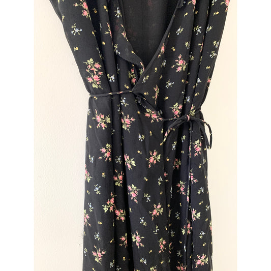 Ann Taylor Vintage 90s Floral Maxi Midi Black Silk Wrap Dress 12