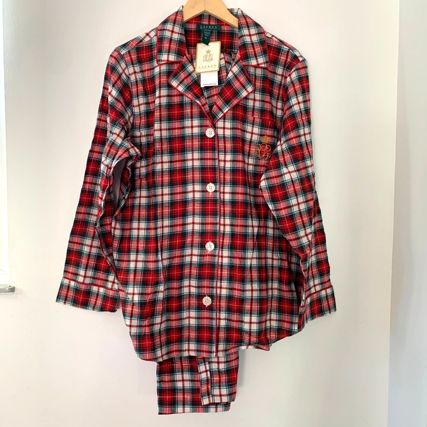 Ralph Lauren Polo Plaid Red White Winter Pajama Two Piece Set Women's New XL