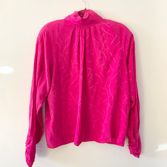 Adrianna Papell 80s Vintage Hot Pink Silk Mock Neck Long Sleeve Blouse Shirt  10