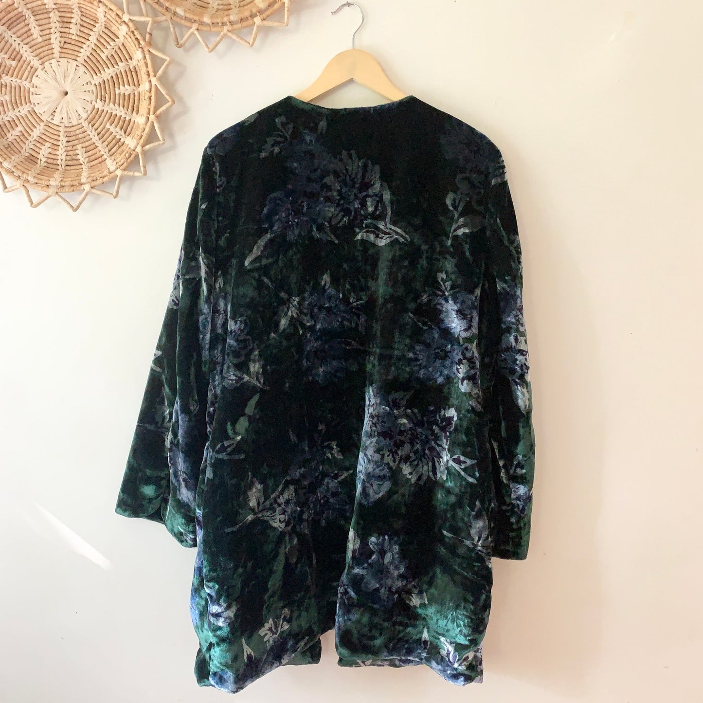 Eva Franco Anthropologie Floral Velvet Green Car Coat Jacket New Size Large