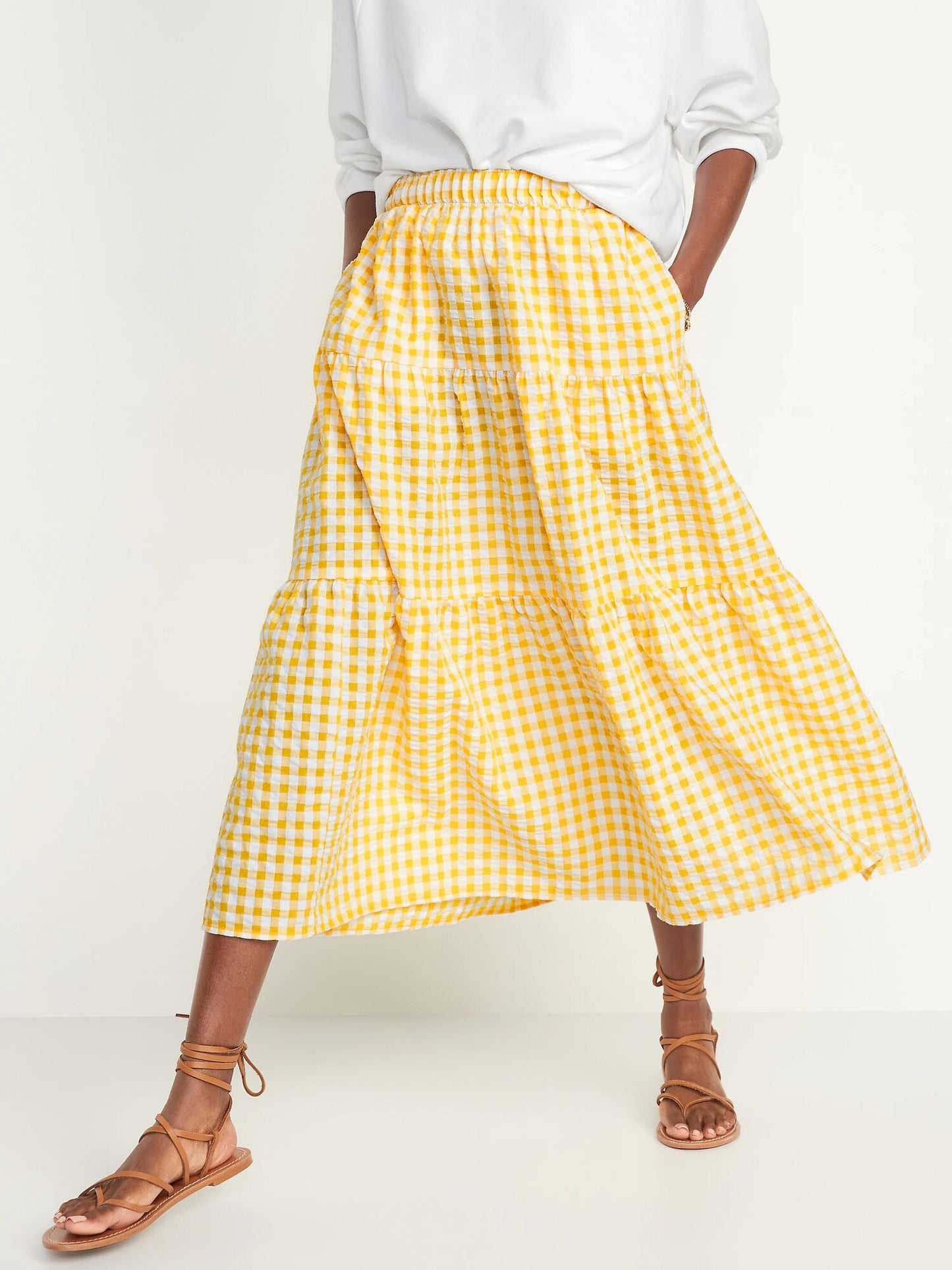 Old Navy Yellow Gingham Seersucker Midi Skirt Large