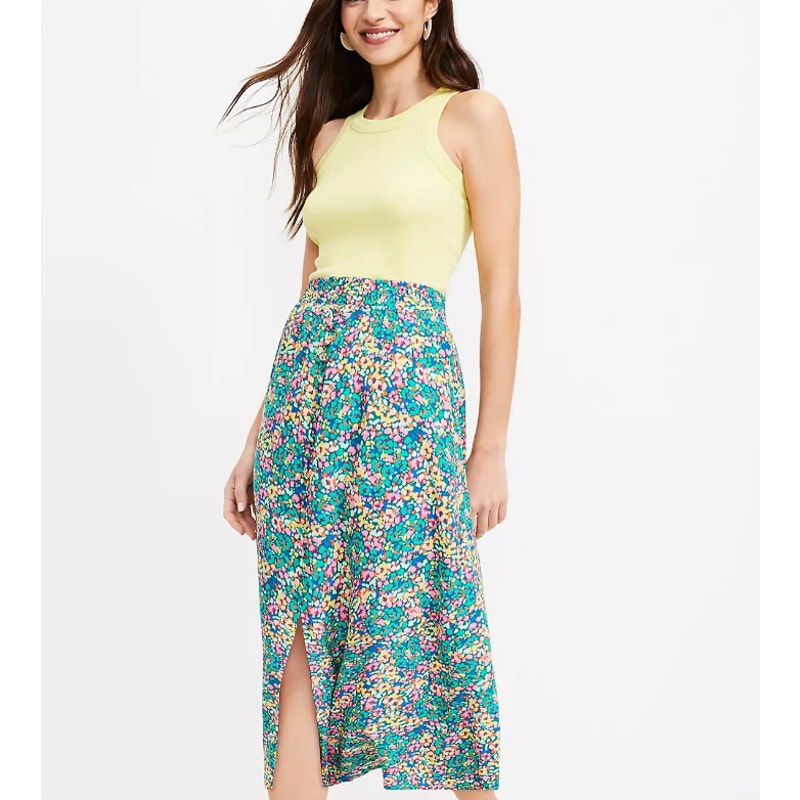 Loft Floral Button Pull On Midi Skirt Green Large Pink 590338