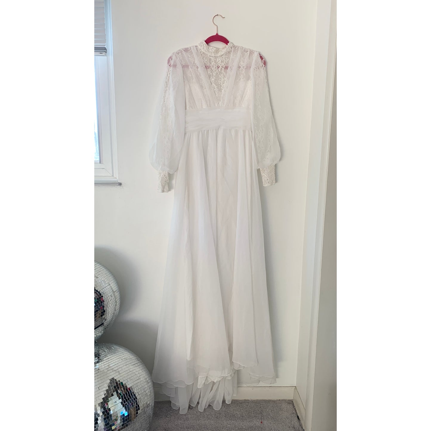 Vintage 1970s Union Made Lace Beaded Floor Length White Wedding Dress Gown