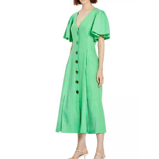 Nicholas Troy Linen Lantern Sleeve Green Dress Size 10
