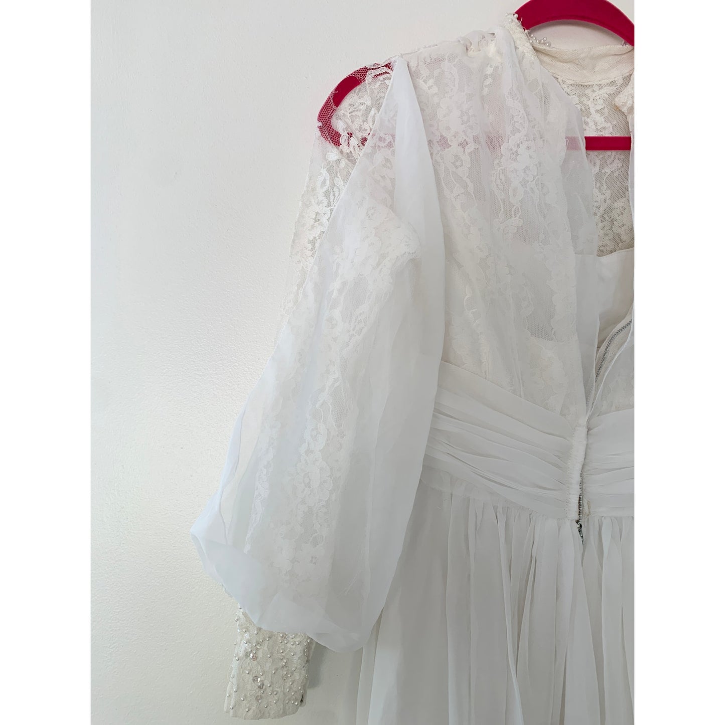 Vintage 1970s Union Made Lace Beaded Floor Length White Wedding Dress Gown