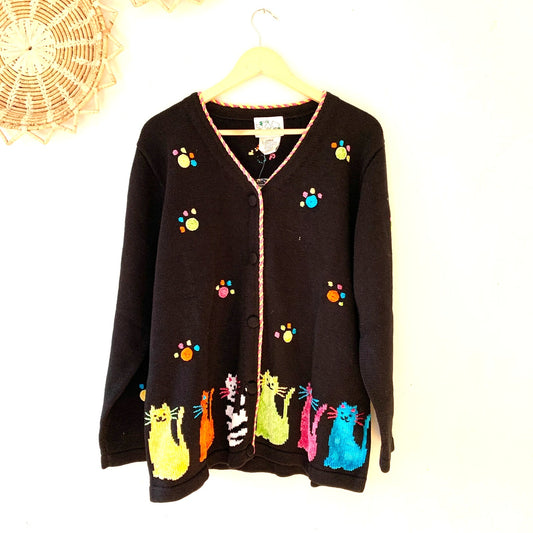 Quaker Factory Vintage Cat Colorful Knit Quirky Cardigan Sweater Black NWT Large