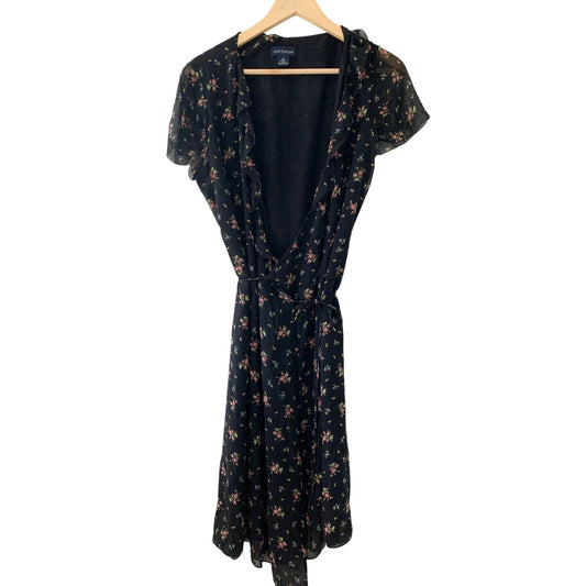 Ann Taylor Vintage 90s Floral Maxi Midi Black Silk Wrap Dress 12
