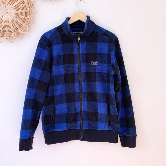 Abercrombie & Fitch Men's Trail Fleece Full Zip Gingham Plaid Blue Black Sweater