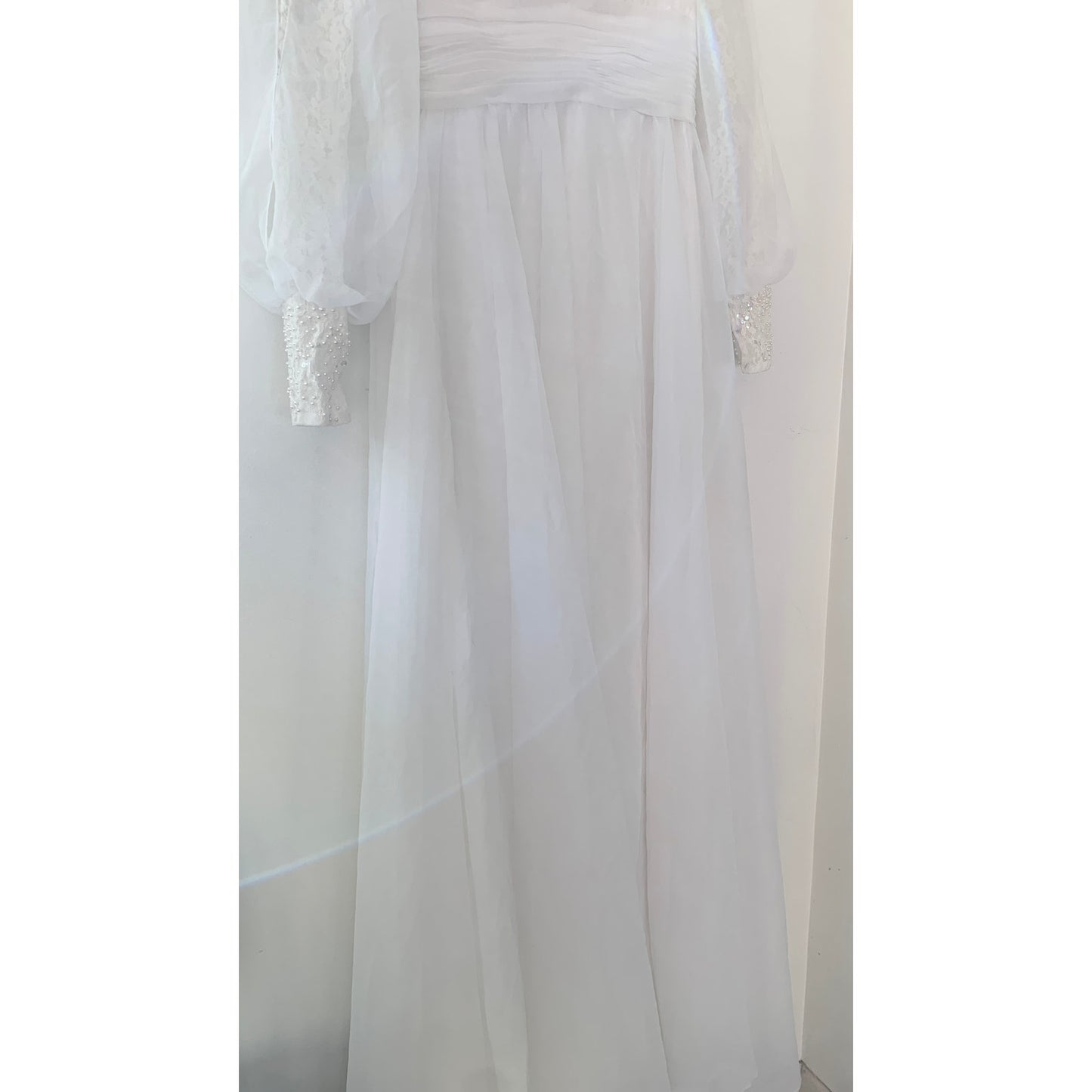 Vintage 1970s Union Made Lace Beaded Floor Length White Wedding Dress Gown