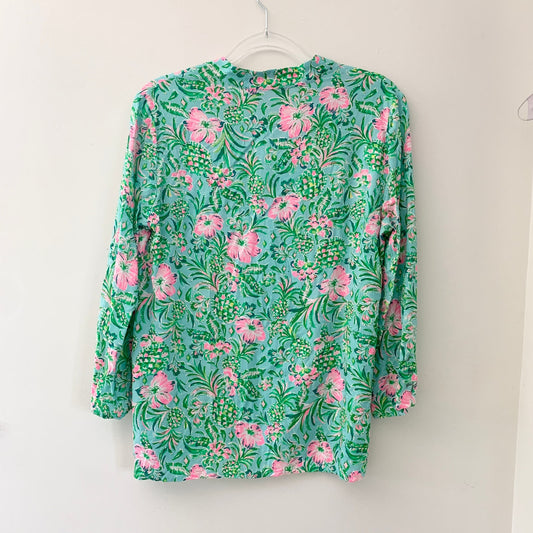 Lilly Pulitzer Luna Bay Tunic Top Shirt Green pink Medium