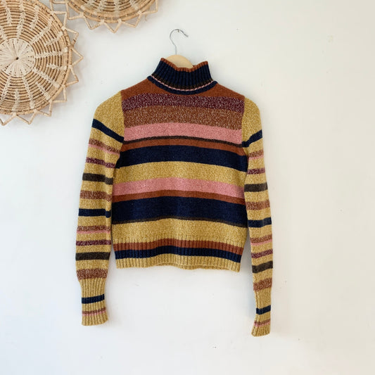 Frye Mock Neck Striped Brown Pink Wool Blend Sweater Small