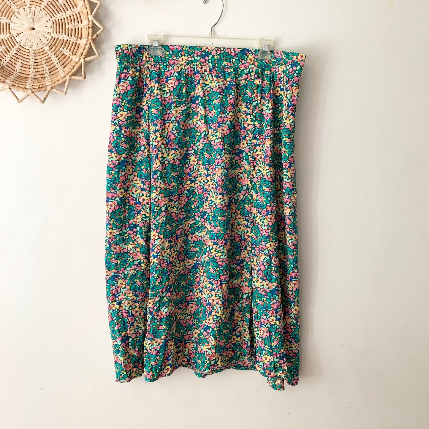 Loft Floral Button Pull On Midi Skirt Green Large Pink 590338