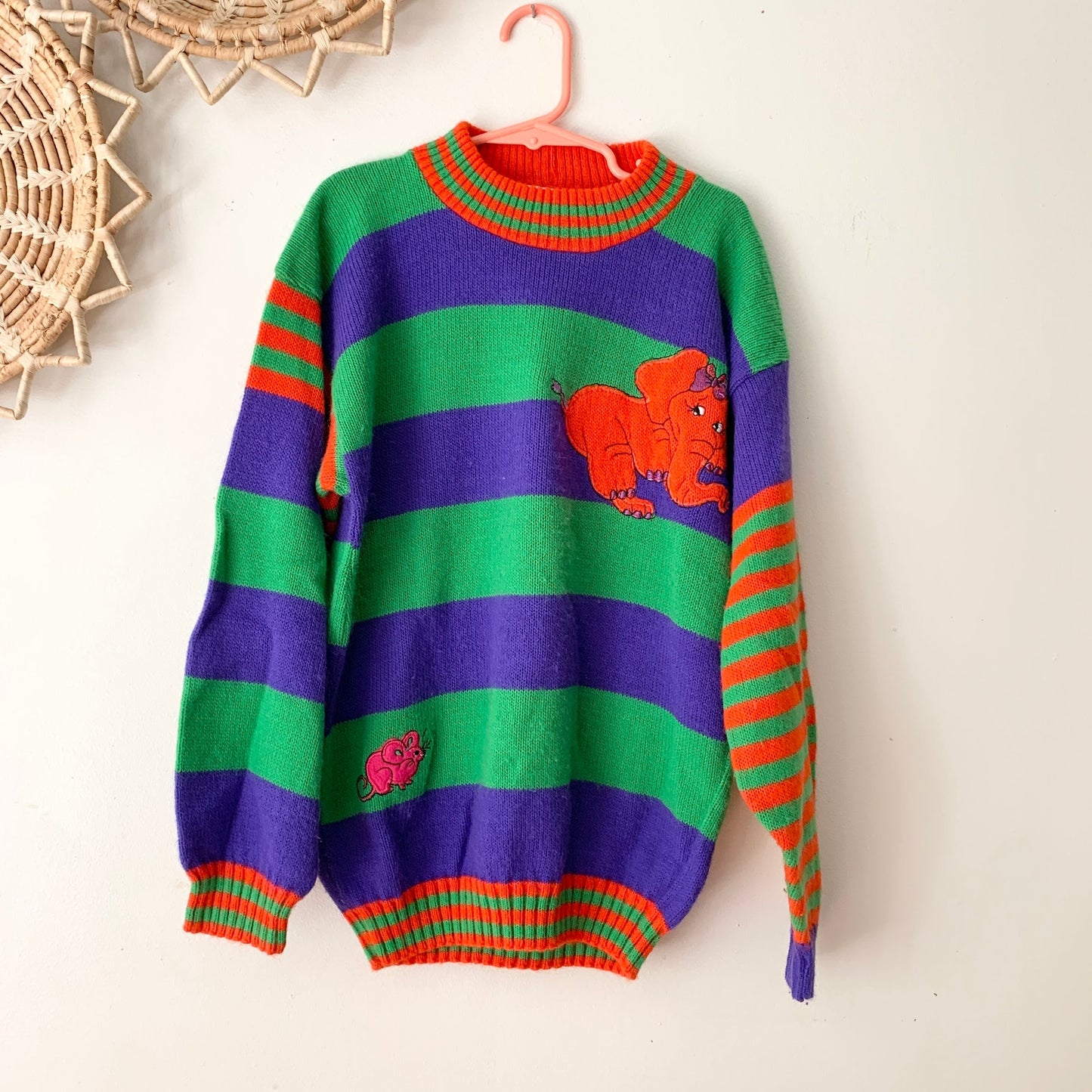 Knitwaves Vintage Purple Green Red Elephant Kids Knit Quirky Sweater 7-8