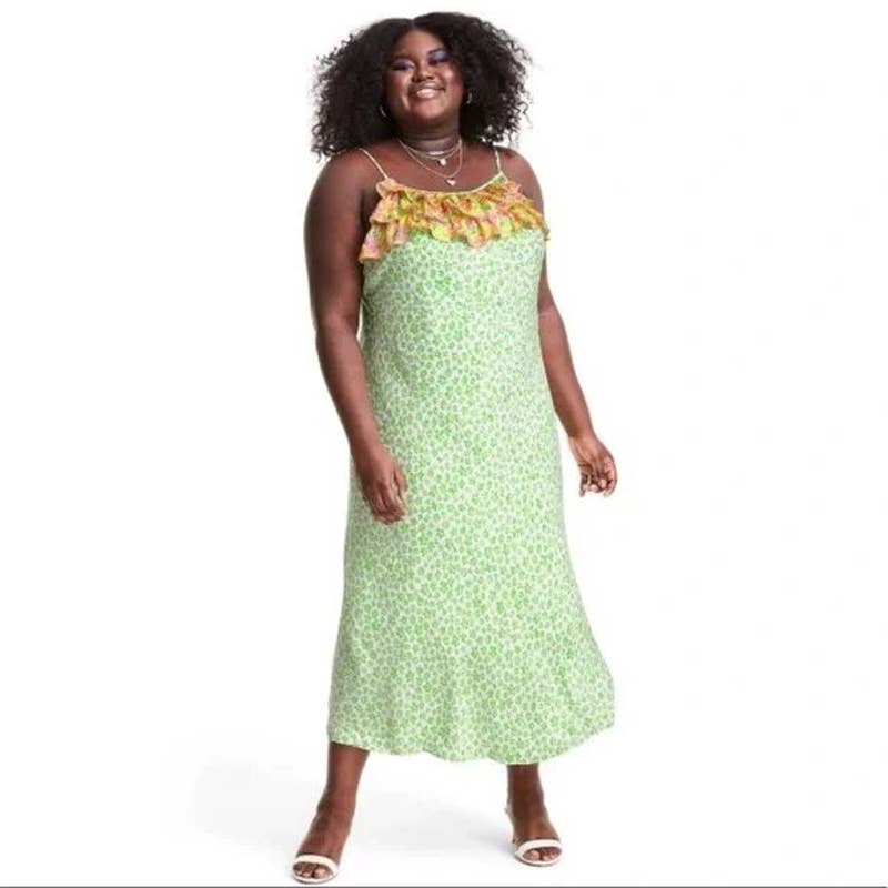 RIXO for Target Green Animal Print Floral Ruffle Slip Dress 2X