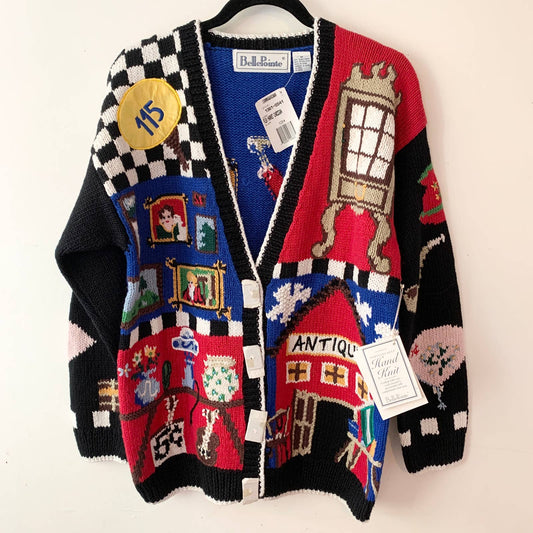 Vintage Bellpointe Colorful Flea Market Auction Novelty Knit Cardigan Sweater M