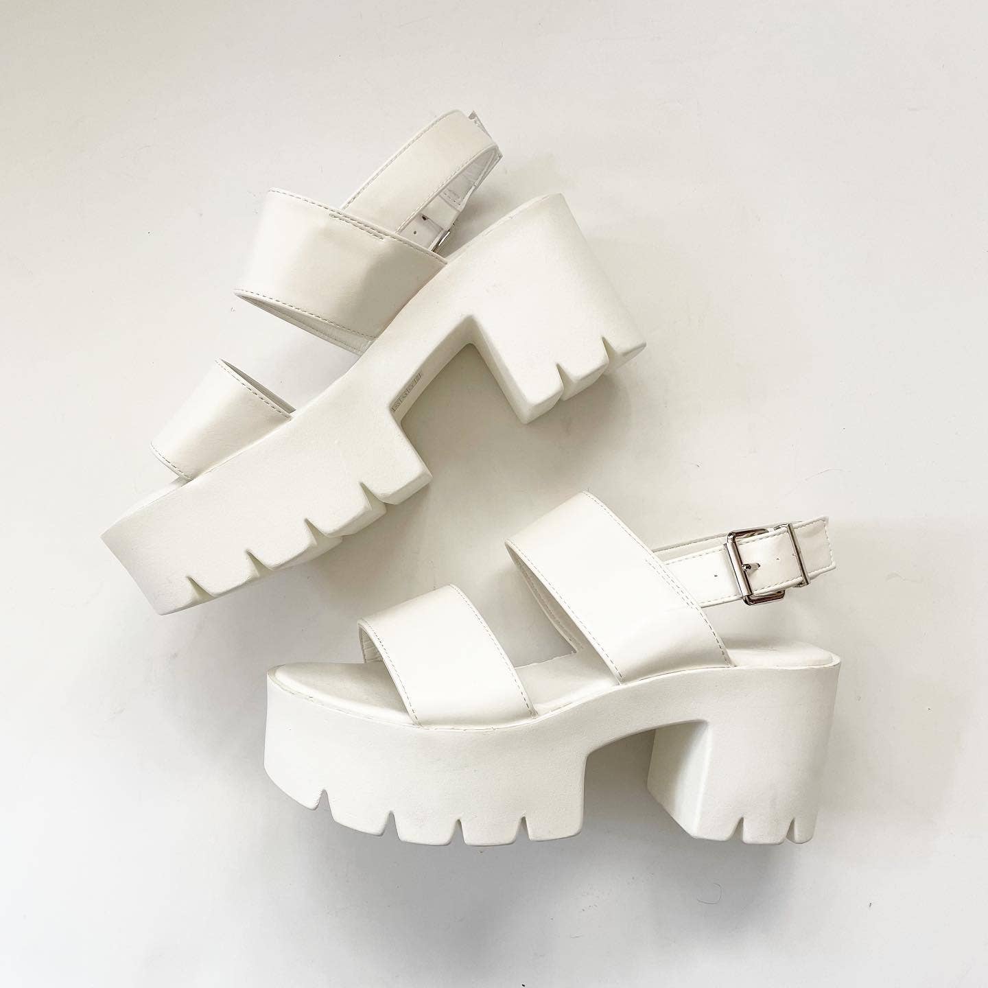 White Double Strap Chunky Heel Sandals