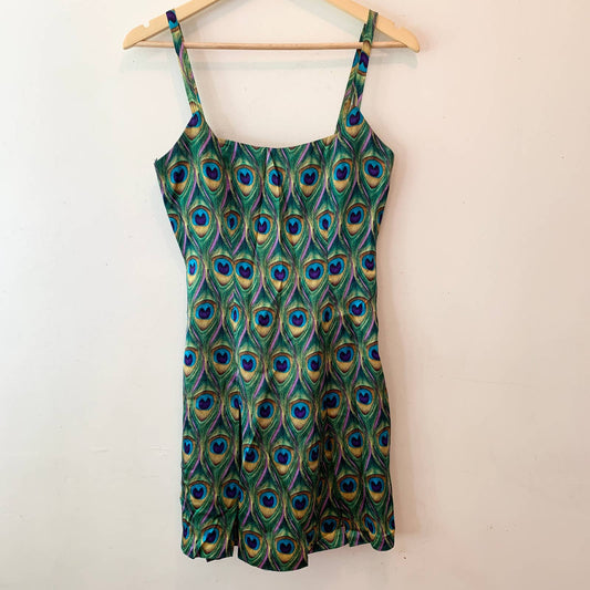 Vintage 90s Nicole Miller Green Peacock Silk Slip Dress Fran Fine Nanny