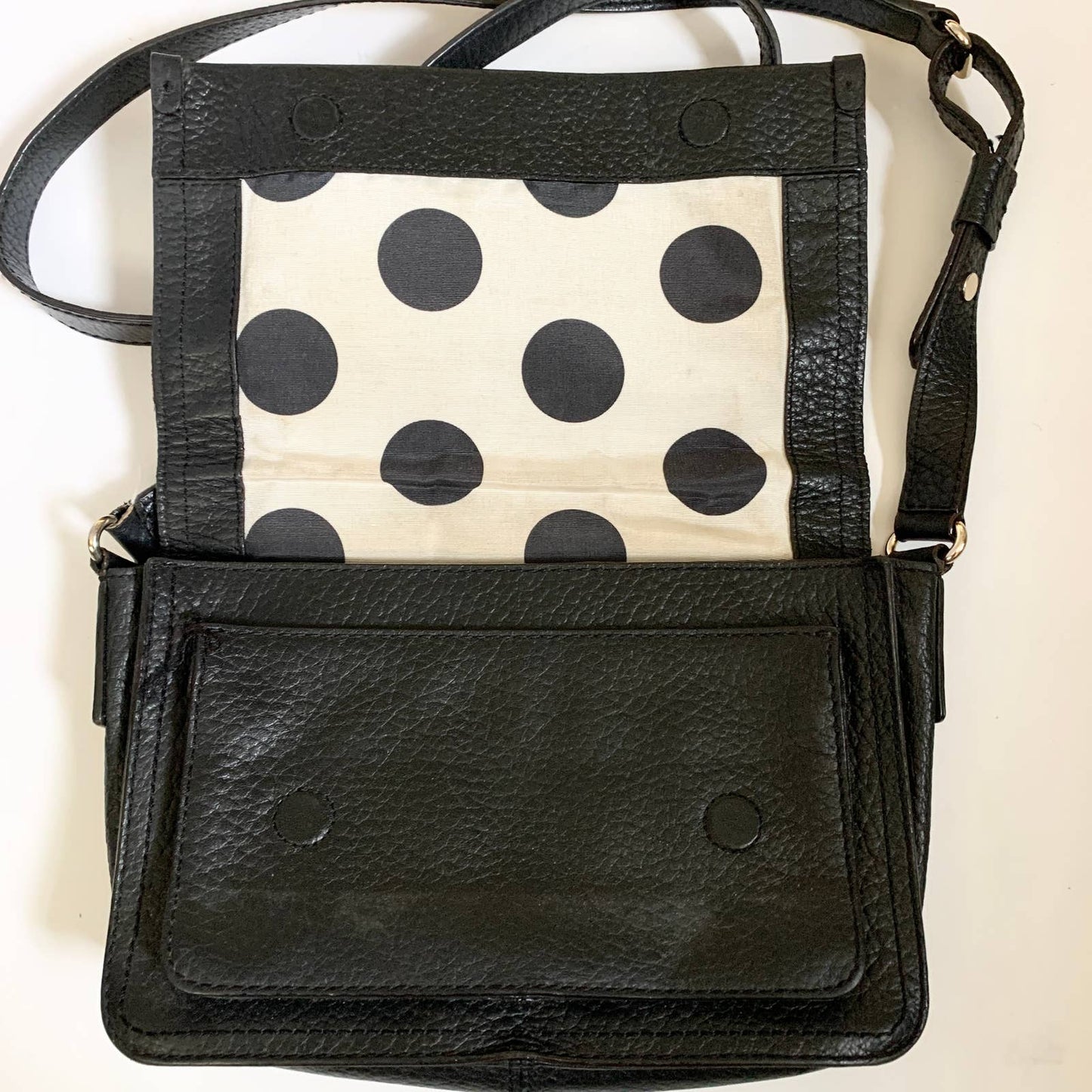 Kate Spade Pebbled Leather Crossbody Shoulder Flap Bag Purse Black Polka Dot