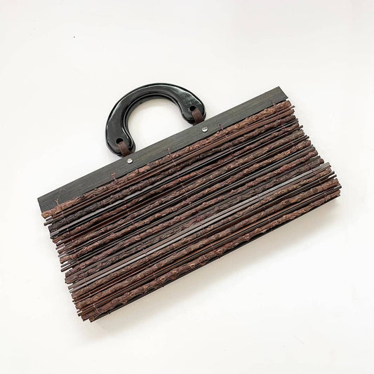 Vintage WNW Brown Wooden Top Handle Straw Purse Clutch
