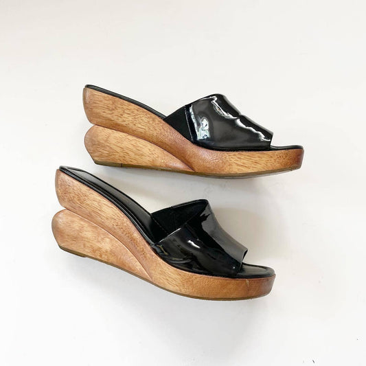 Donald J. Pliner Wish Black Wooden Square Heeled Patent Leather Mule Sandals