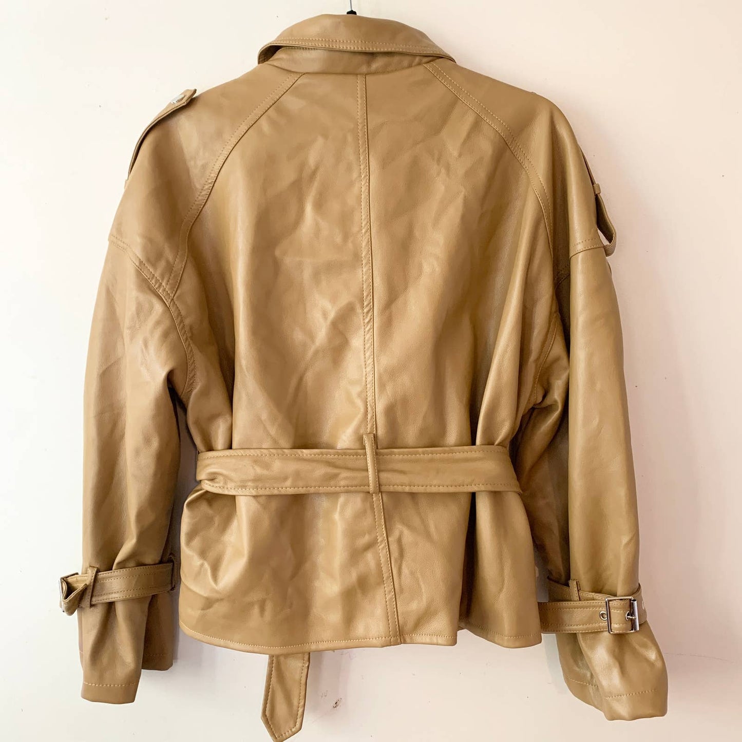 Azalea Wang Faux Leather Camel Belted Short Moto Jacket large