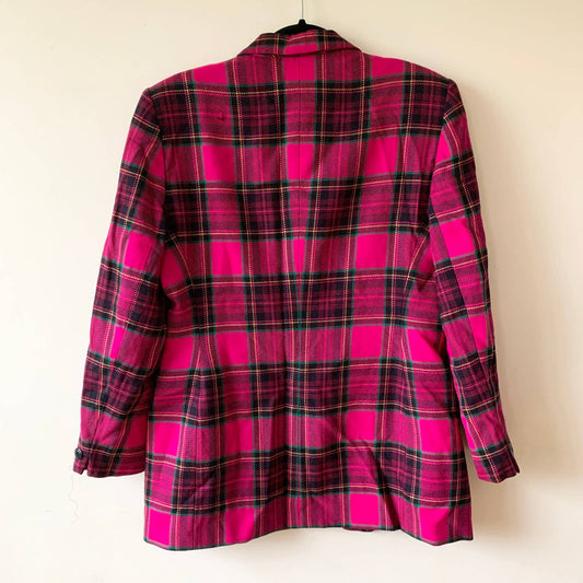 Vintage Jones New York Hot Pink Black Plaid Wool Blazer Size 12