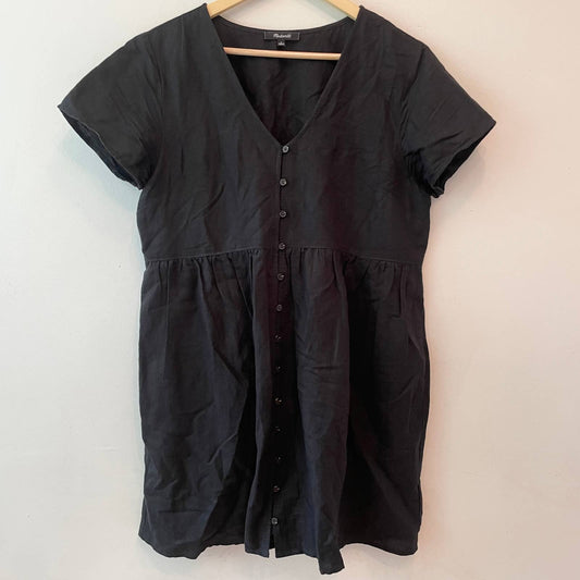 Madewell Linen Blend Alexandra Button Front Black Midi Dress AL713