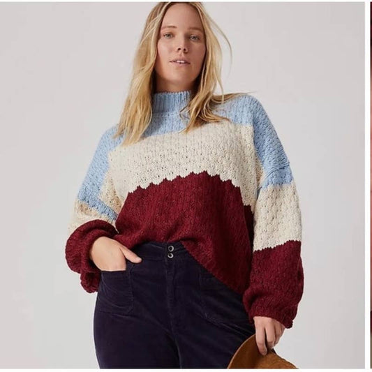 Anthropologie Colorblock Nell Knit Sweater Burgundy Blue White 2X