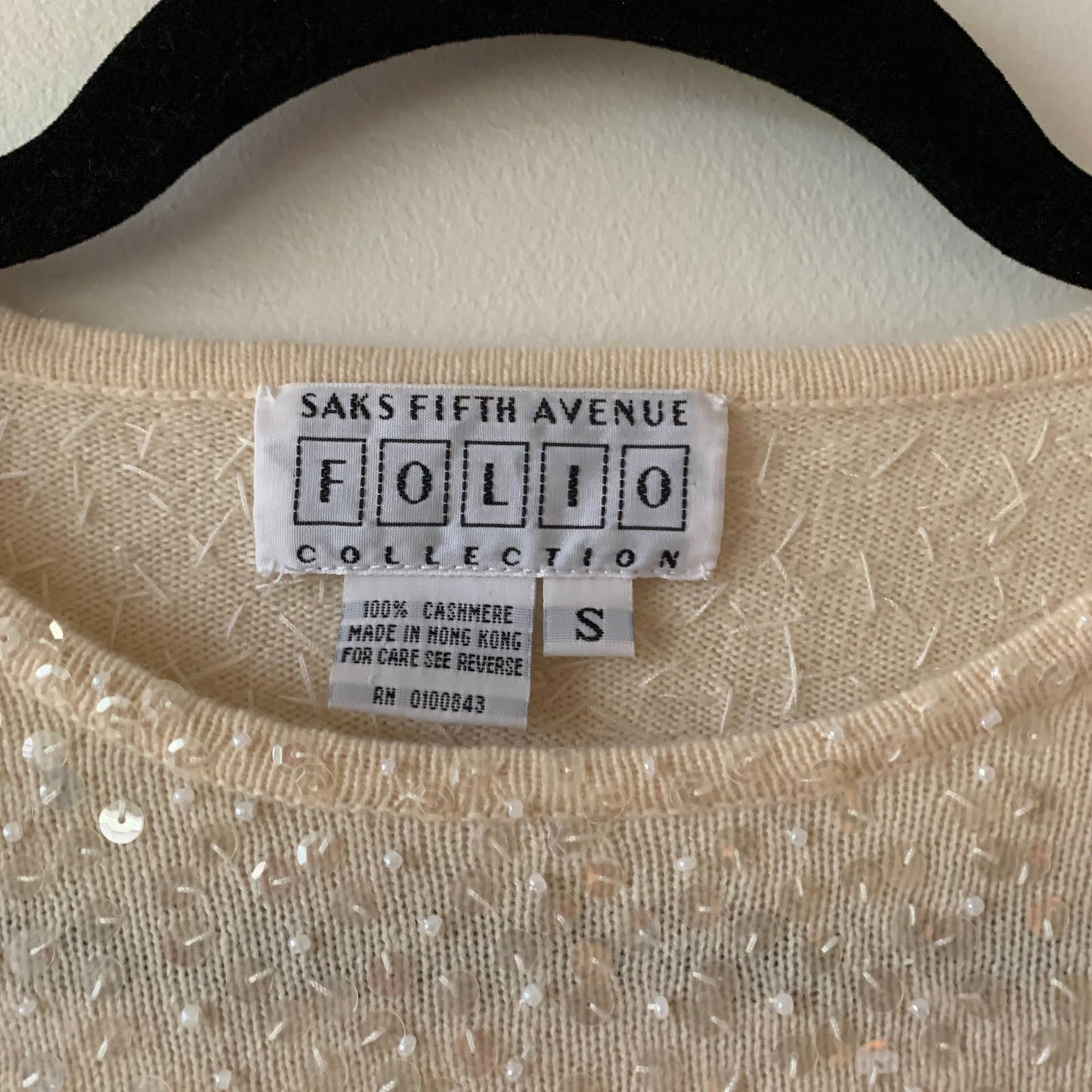 Vintage Saks Fifth Avenue Folio Collection Cream Sequin Cashmere Sweater Small