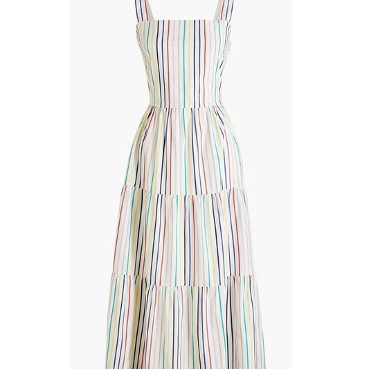 J. Crew Tiered Stripe Ruffle Rainbow White Maxi Dress Style AO417