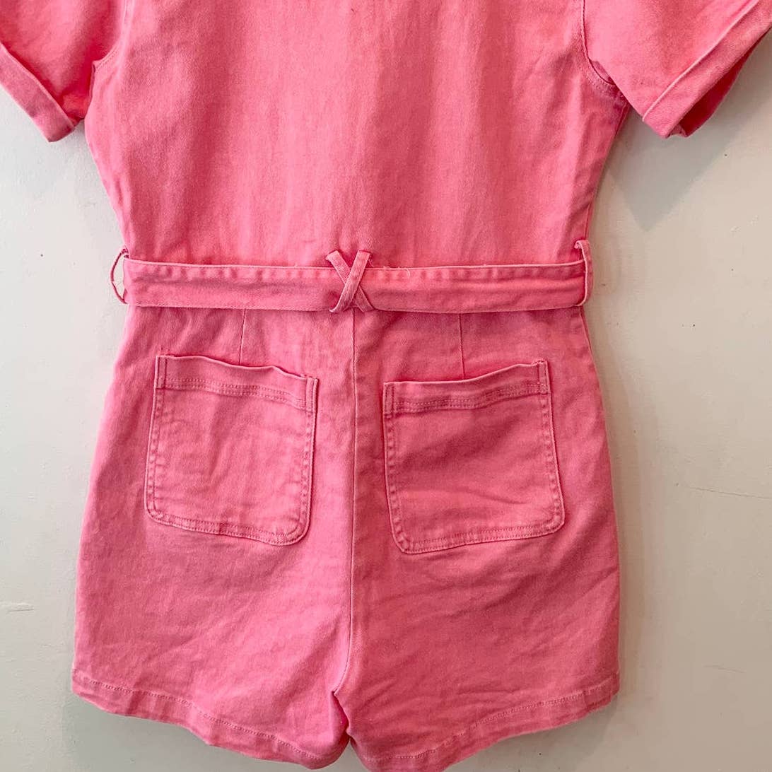 Skies are Blue Cotton Twill Notch Collar Short Sleeve Belted Denim Romper Small