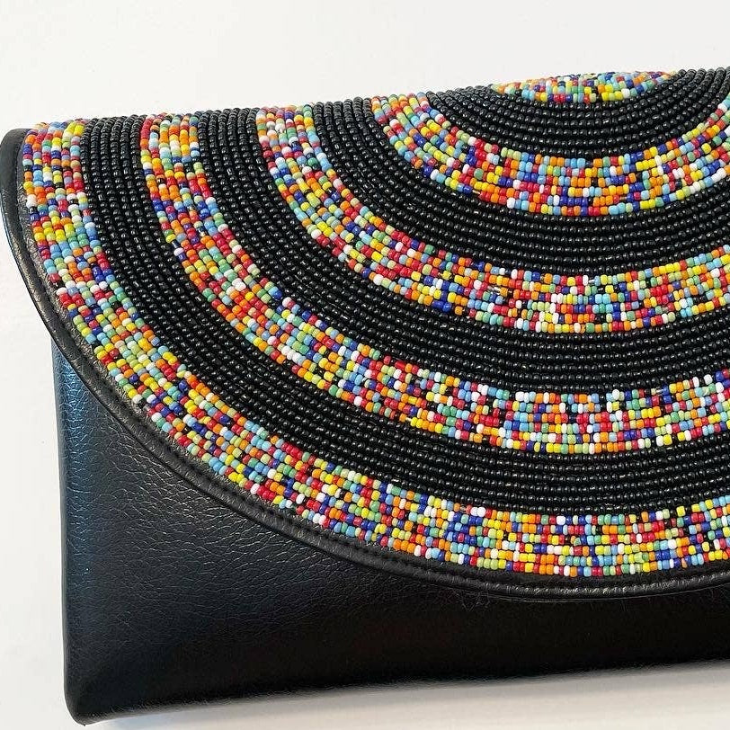 African Leather Rainbow Beads Clutch Purse Bag