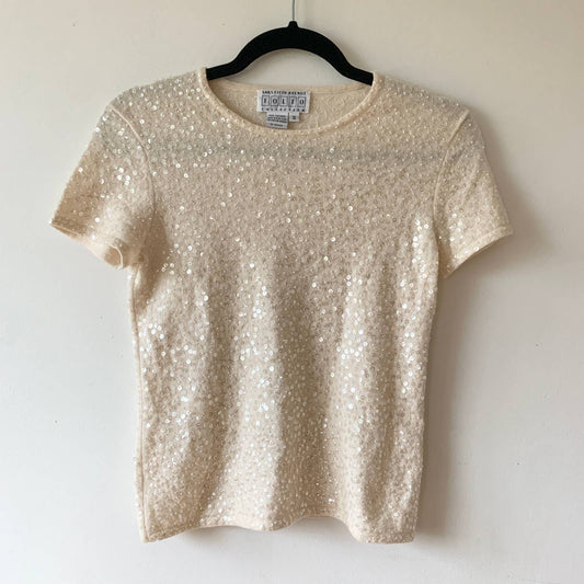 Vintage Saks Fifth Avenue Folio Collection Cream Sequin Cashmere Sweater Small