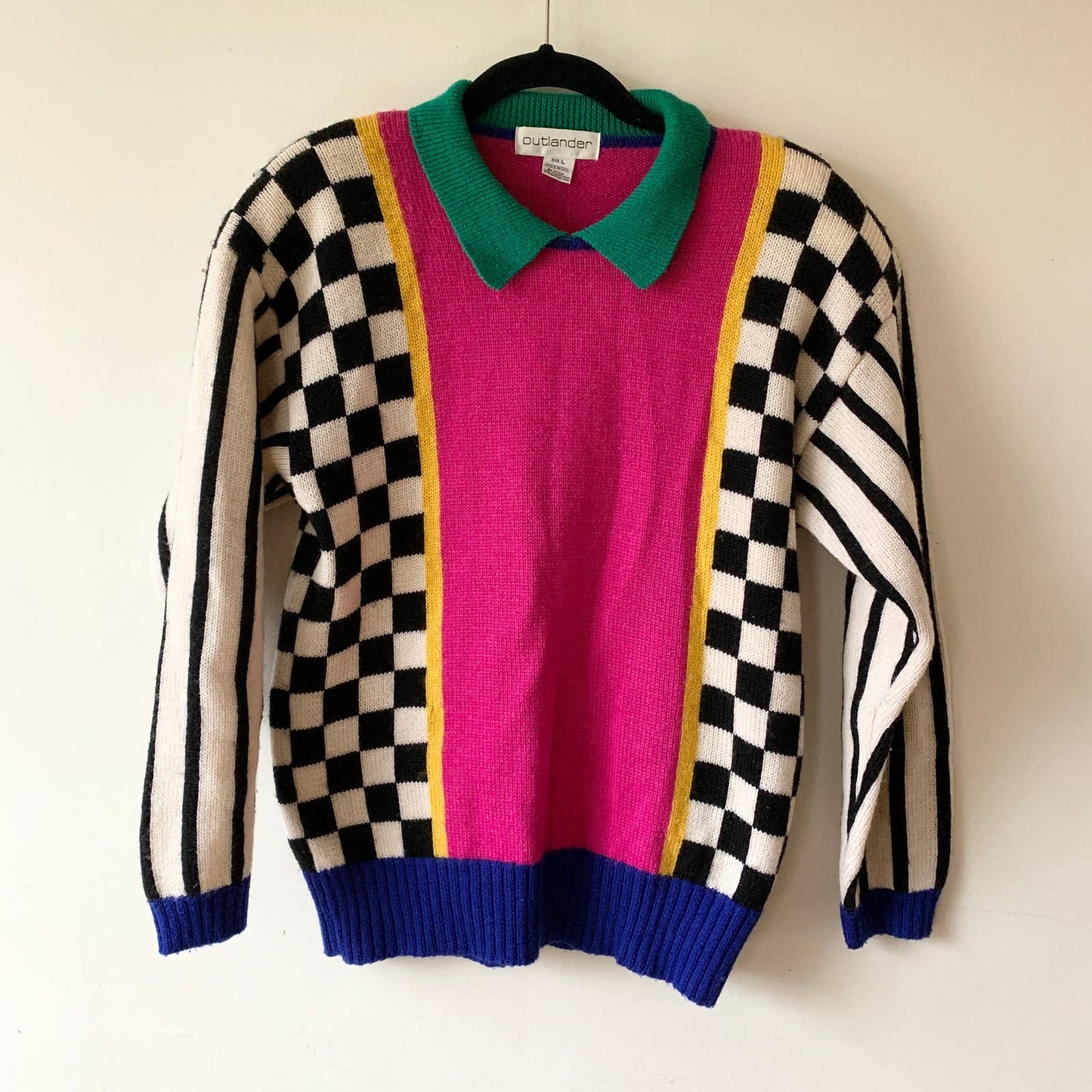 Vintage 1980s Outlander Checkered Striped Collared Pink Blue Black Sweater large