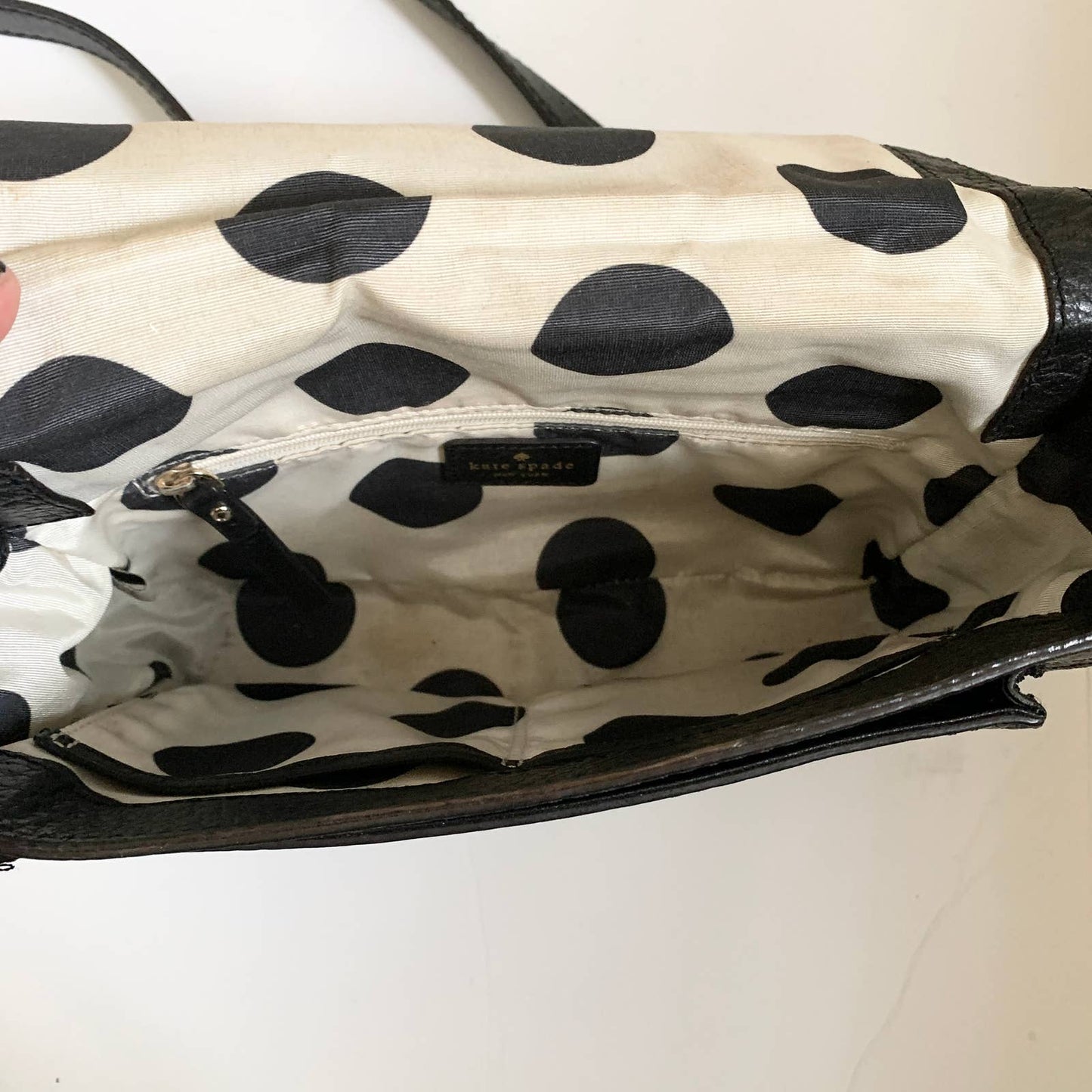 Kate Spade Pebbled Leather Crossbody Shoulder Flap Bag Purse Black Polka Dot