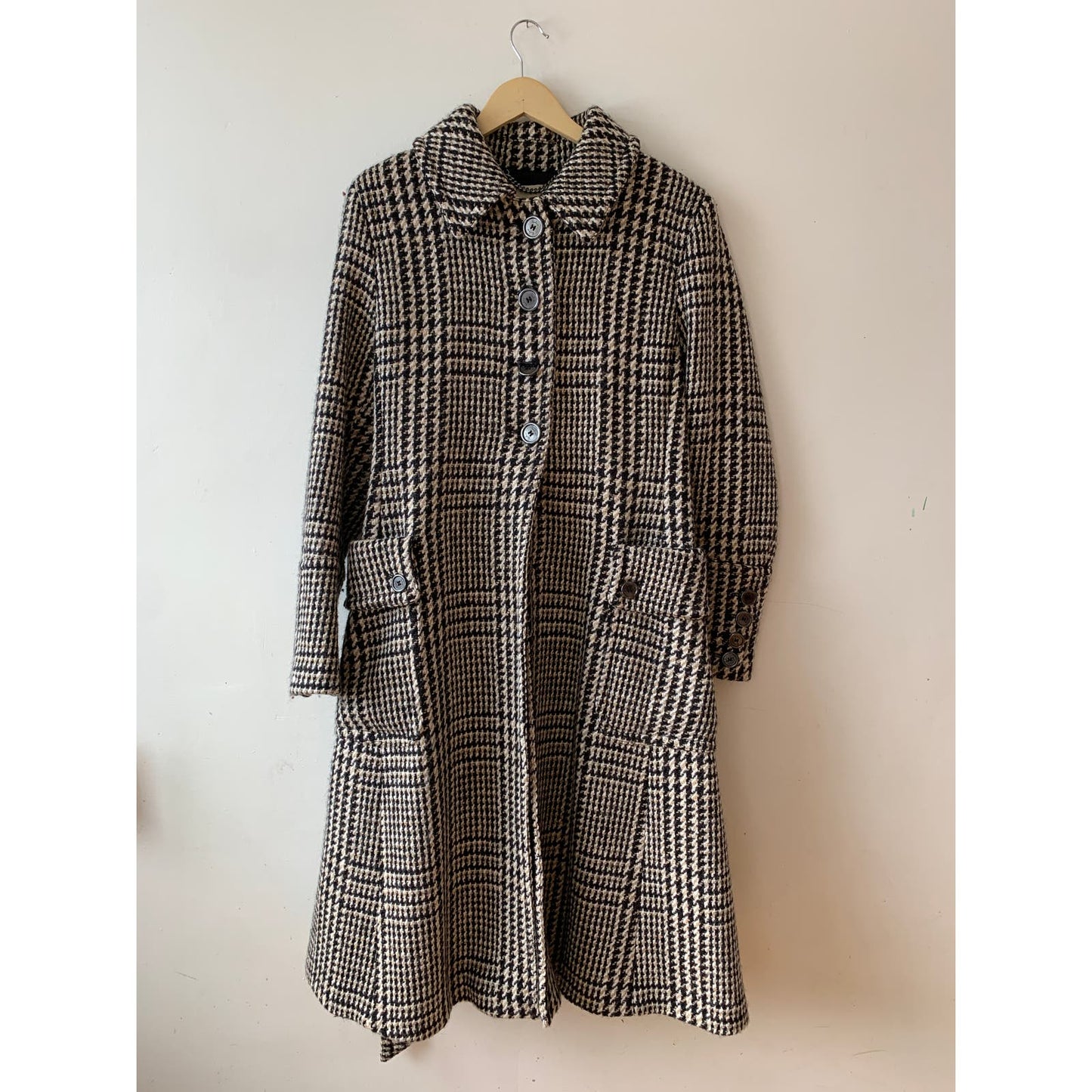 Burberry London Women's Houndstooth Plaid Brown Wool Belted Swing Coat 14