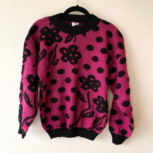 Vintage 80s Centennial Knits Pink Black Floral Sweater