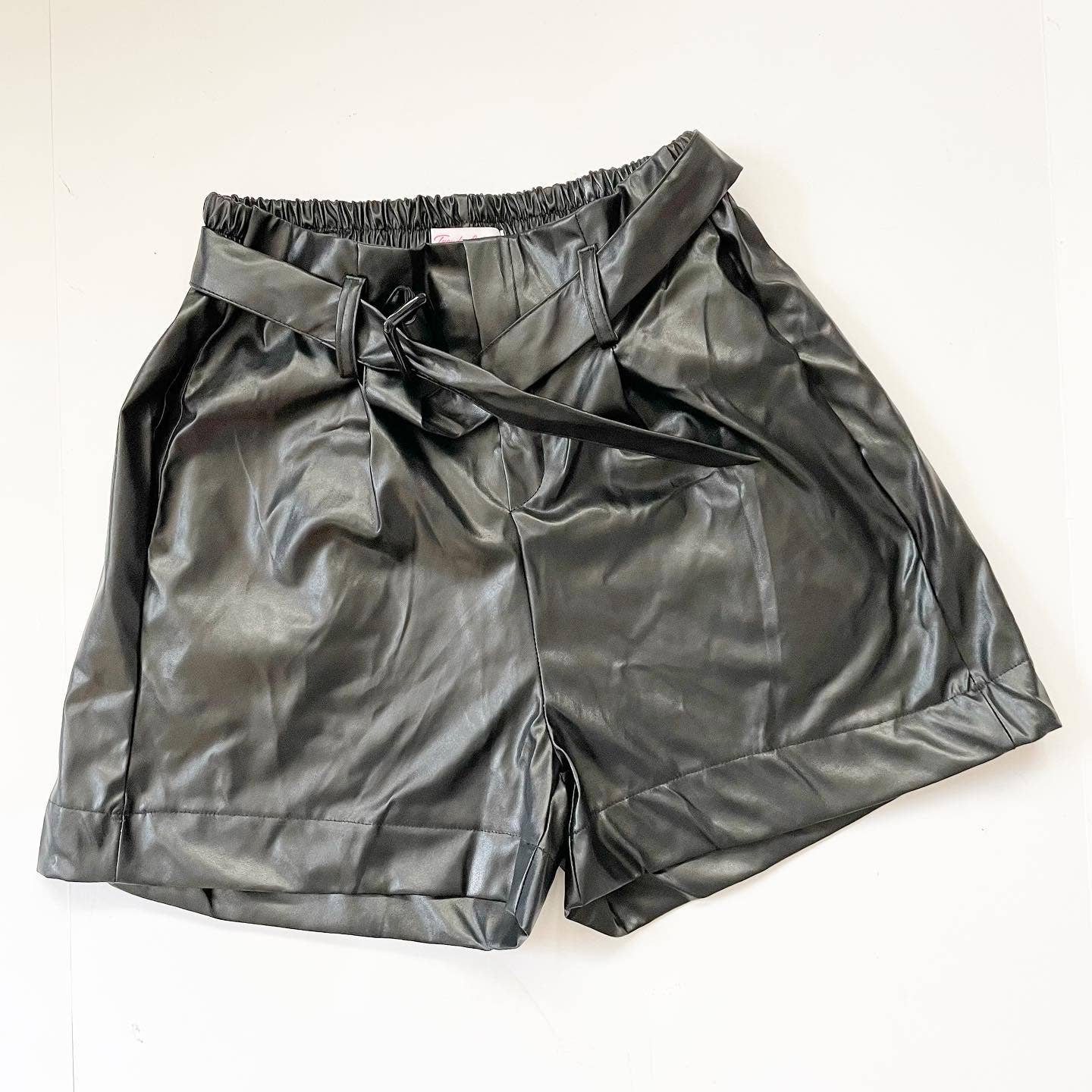 High Rise Faux Leather Belted Trouser Shorts