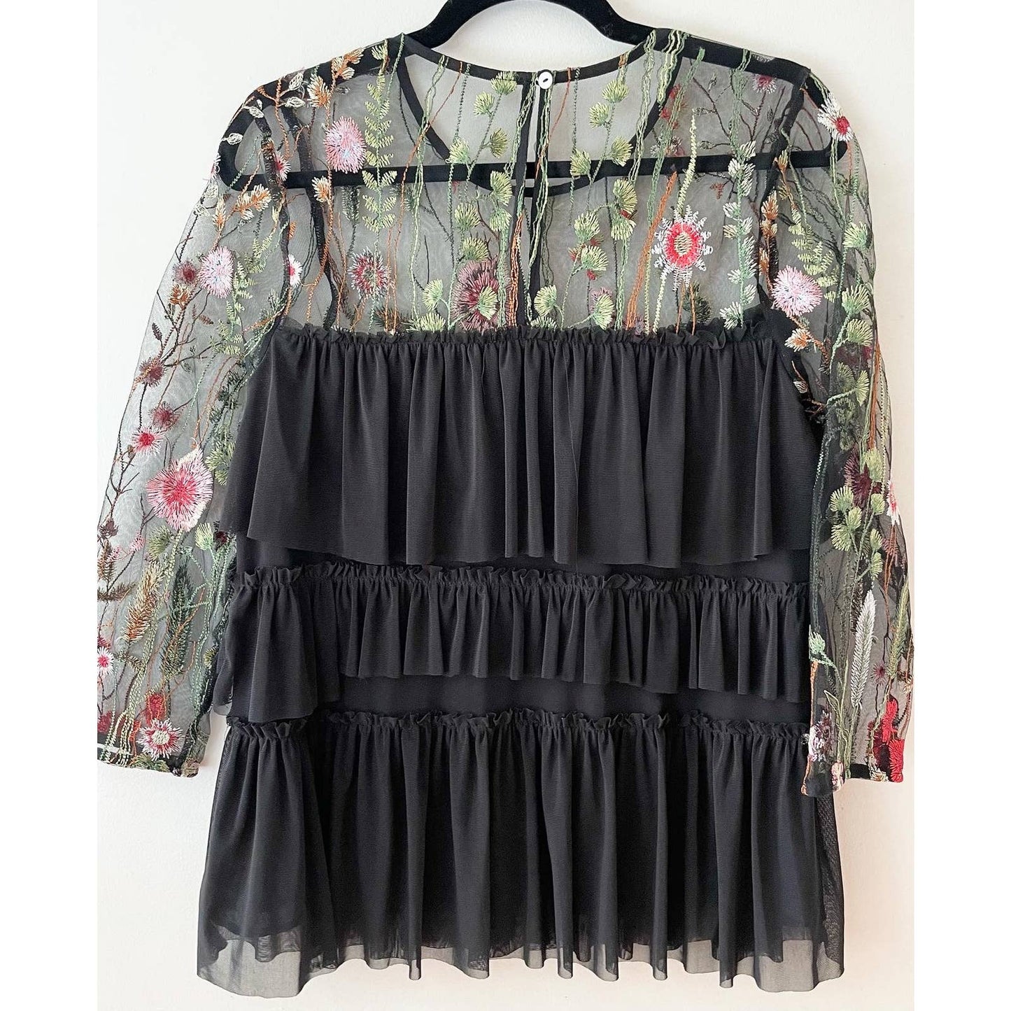 Entro Black Floral Embroidered Sheer Ruffle Shirt