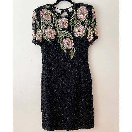 Laurence Kazar Vintage Pink Black Floral Sequin Dress