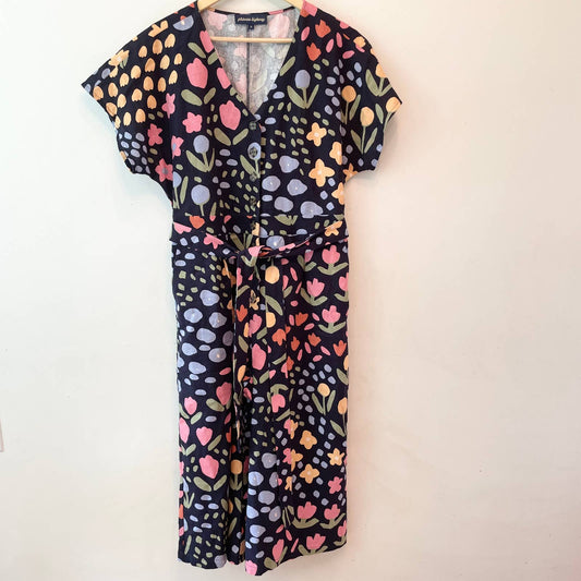 Modcloth Painting Pretty Petals Princess Highway Floral Navy Blue Jumpsuit 14